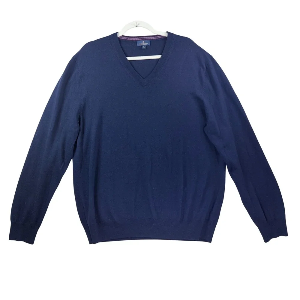 Brooks Brothers V-Neck Sweater Mens XL Navy Excellent Extra Fine Merino Wool